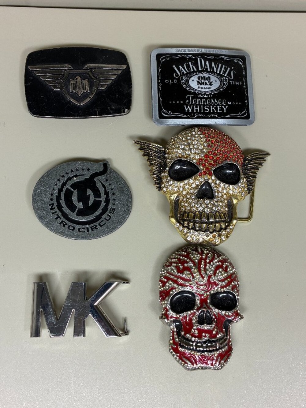 Lot of 6 Belt Buckles Vintage Biker Skull Rhinestone Jack Daniels Nitro Circus